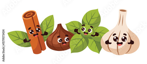 Cute cartoon cinnamon stick garlic basil and nutmeg characters smiling together