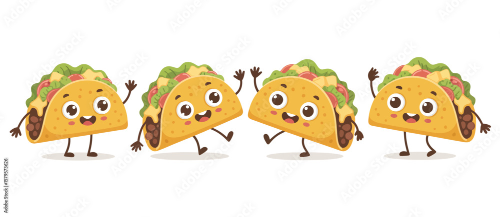 Naklejka premium Four happy cartoon tacos with arms and legs dancing and waving