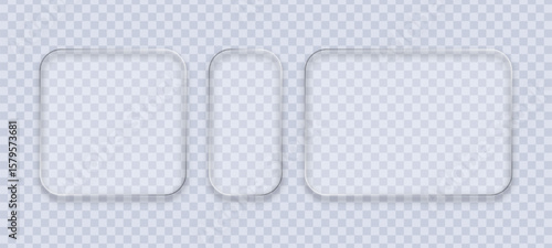 Different transparent square and rectangle glass frames on a checkered background for interface element web design. Transparent glass vector.