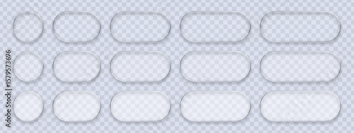 Set of liquid glass frames on transparent background. Realistic blank vector buttons with reflection and shadow for web interface design.