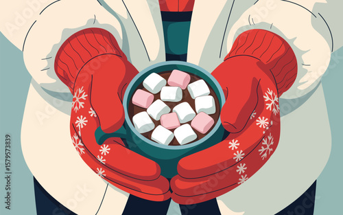 Person wearing red snowflake mittens holding a mug of hot chocolate with marshmallows