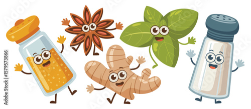 Cute cartoon characters of spices and seasonings dancing together