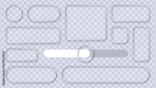 Liquid glass different shape ui button and frame set with slider mockup. Element for graphic design, web button, and app interface.