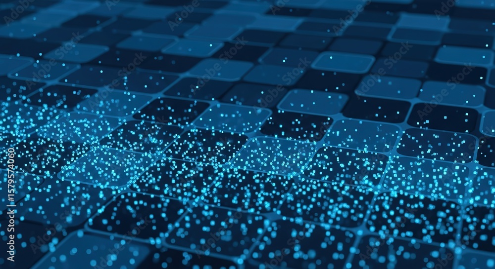 Obraz premium Abstract digital grid with glowing blue particles representing data flow and connectivity in a network