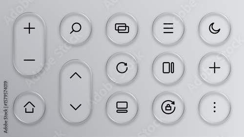 Computer icons set on a light gray background with liquid glass vector effect for modern application interface design.