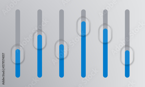 Set of six blue glass sliders with clear handles. Sound mixer or adjust parameters interface. Vector illustration.