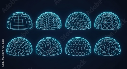 Fototapeta Naklejka Na Ścianę i Meble -  Collection of glowing cyan geodesic domes and wireframe spheres showcasing diverse geometric patterns and structures
