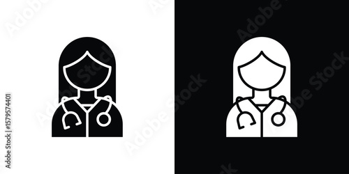 Woman Doctor icon symbol in black and white color. Silhouette Styles.