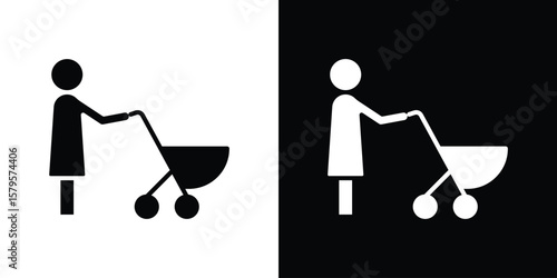Woman with Baby Stroller icon symbol in black and white color. Silhouette Styles.