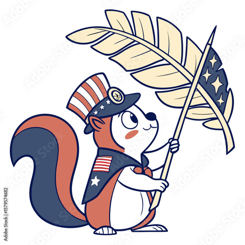 Bashful expression on a Squirrel in a Veterans Day theme, with with a giant leaf – Brave Honor vector art