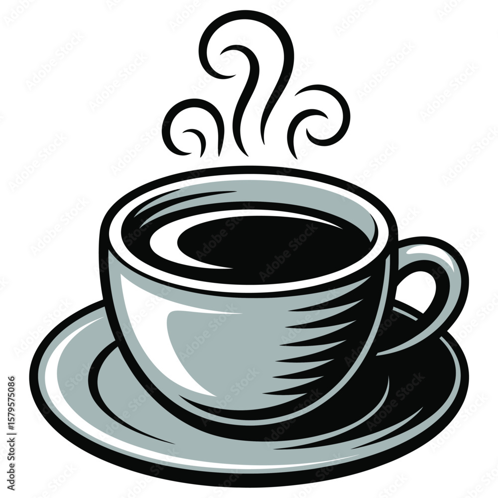 Obraz premium Stylized illustration of a steaming cup of coffee on a saucer