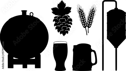 A set of black and white silhouette icons depicting traditional beer brewing equipment and ingredients, including a fermentation tank, brewing kettle, wooden beer barrel, hops cone, barley stalk, and 