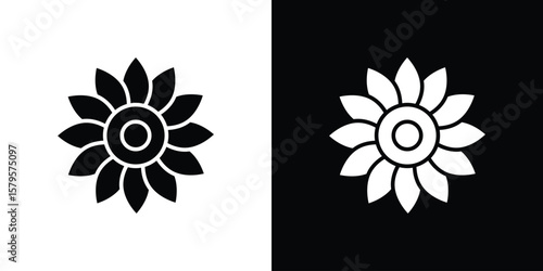 Sunflower icon symbol in black and white color. Silhouette Styles.
