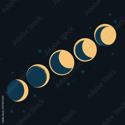Celestial moon phases progression against a dark starry night sky background