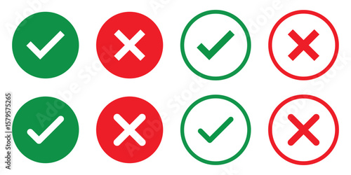 Set green approval check mark and red cross icons in circle and square, checklist signs, flat checkmark approval badge, isolated tick symbols