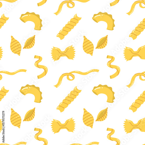 Seamless pattern with pasta types. Italian food, penne, ravioli, spaghetti, fettuccine. Vector for menu, restaurant, culinary, kitchen designs. Doodle flat style, isolated on white background