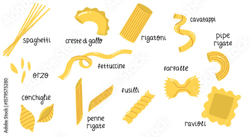 Set of different pasta types. Italian food, penne, ravioli, spaghetti, fettuccine. Vector for menu, restaurant, culinary, kitchen designs. Doodle flat style, isolated on white background