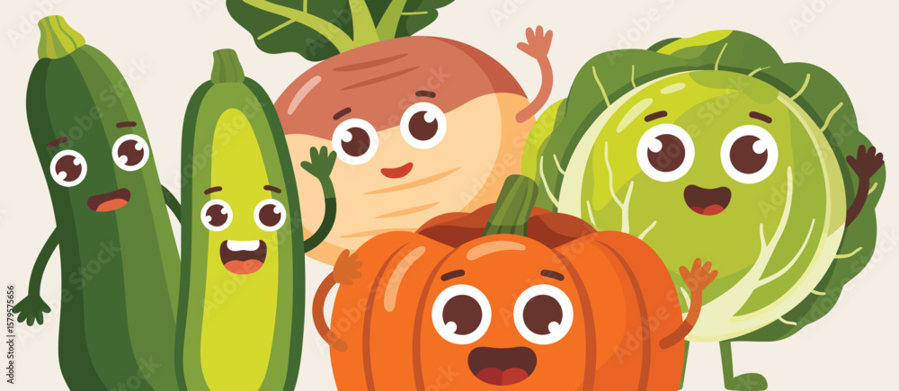 Naklejka premium Cute Cartoon Vegetables Group