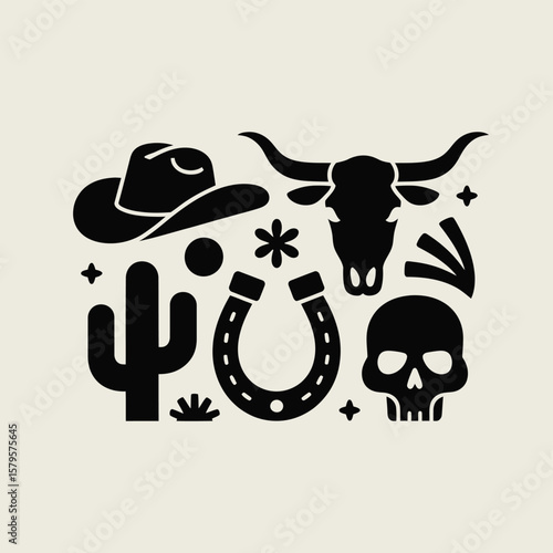 Western Style Icons Set with Cowboy Hat Cow Skull