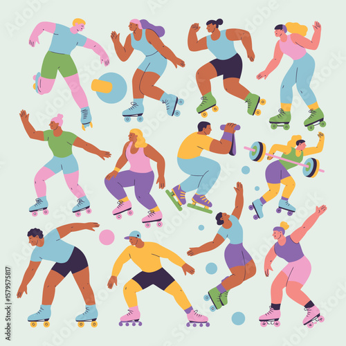 Diverse People Roller Skating and Exercising