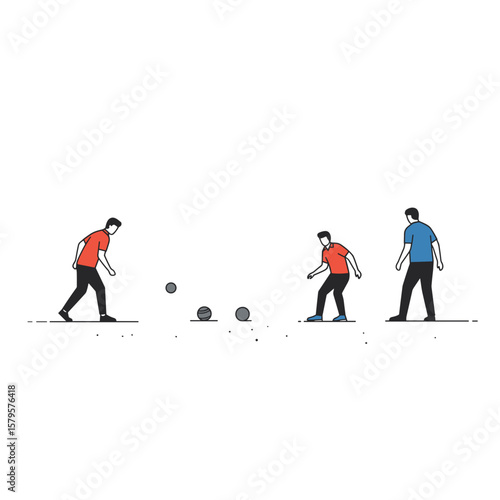 Petanque. Two men playing bocce ball outdoors in casual clothing  