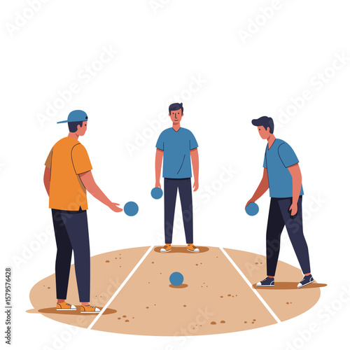 Petanque. Three men competing in pétanque while standing on the sandy court  
