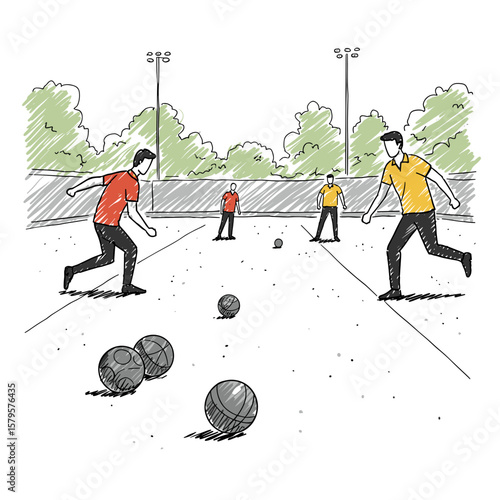 Petanque. Four men playing boules outdoors in a park during daytime  