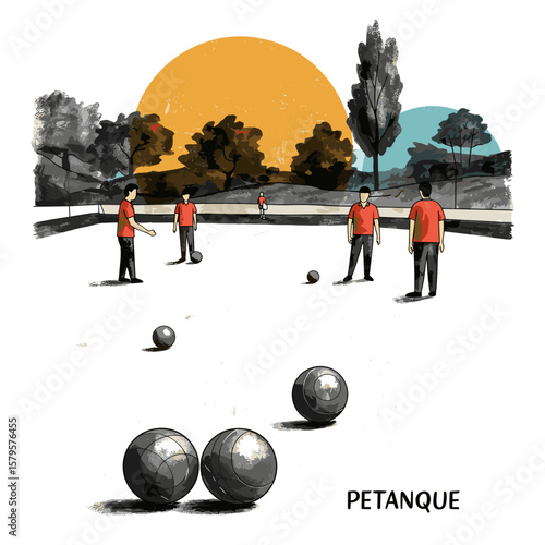 Illustrative scene of players playing petanque outdoors in summer  