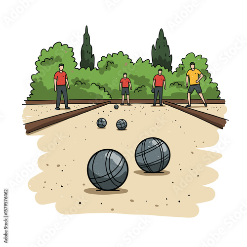 Group of men playing petanque on gravel court in summer  