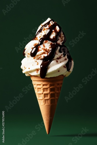 Delicious Ice Cream Cone With Chocolate Sauce and Sprinkle Splatter in a Dark...