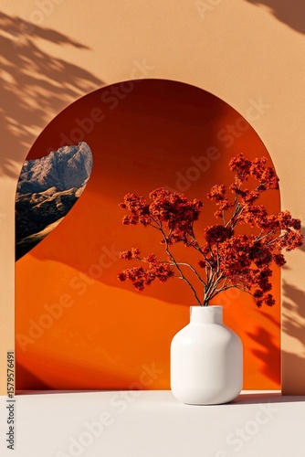 Vibrant Orange Backdrop With Modern Vase and Blooming Branches Creating a Sty...