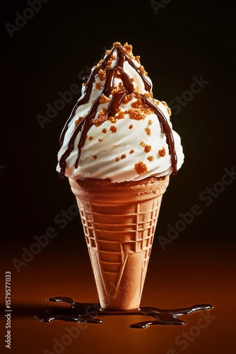 Creamy Ice Cream Cone Topped With Rich Chocolate Drizzle and Crunchy Toppings...