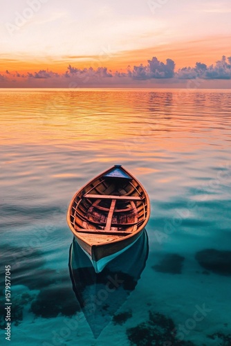 Serene Wooden Boat Floating on Calm Waters During Sunset at a Peaceful Coasta...