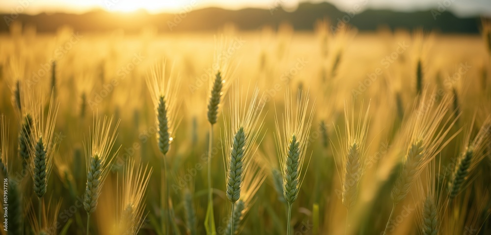 Obraz premium Golden wheat field at sunset near Louisville, Kentucky. Close-up on ripe grain stalks catching warm sunlight. Rural agricultural landscape showcasing summer harvest, natural organic food growth.