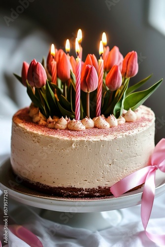 Beautiful Cake With Tulip Flowers and Candles for a Special Celebration Indoors
