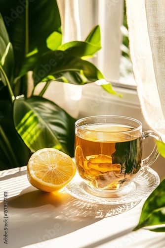 Refreshing Lemon Tea Served in a Glass Cup Surrounded by Green Plants in a Su...