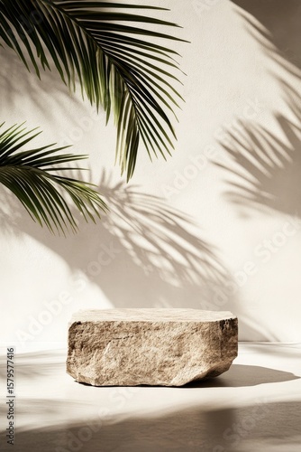 Natural Stone Table Framed by Palm Leaves Creating a Calming Atmosphere in a ...