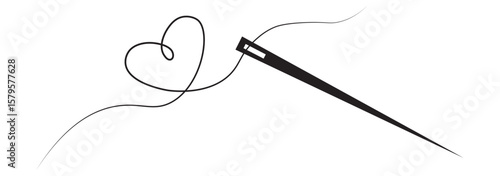 Continuous linear needlepoint pattern. Single line tailor's needle mark. Tailor's sign template. Vector editable linear illustration, Needle continuous one line drawing pro vector illustration, Sewing