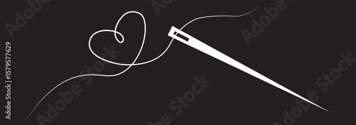 Continuous linear needlepoint pattern. Single line tailor's needle mark. Tailor's sign template. Vector editable linear illustration, Needle continuous one line drawing pro vector illustration, Sewing