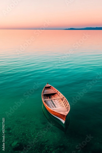 Serene Wooden Boat Floating on Calm Water During Sunset Near Rocky Shore.