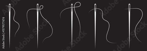 Set of needle with thread vector icons. Black silhouette with sewing needle. Vector 10 Eps.
