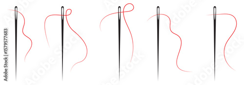Set of needle with thread vector icons. Black silhouette with sewing needle. Vector 10 Eps.