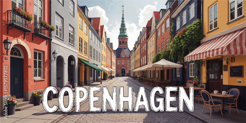 Vibrant Copenhagen Street Scene with Colorful Buildings, Outdoor Cafes, and Historic Church Tower in Summer Illustration