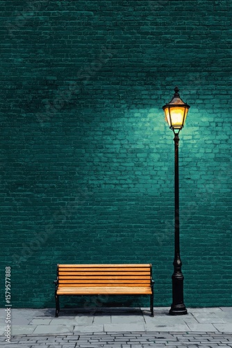 Orange Bench Illuminated by a Vintage Lamp Against a Teal Brick Wall in a Qui...