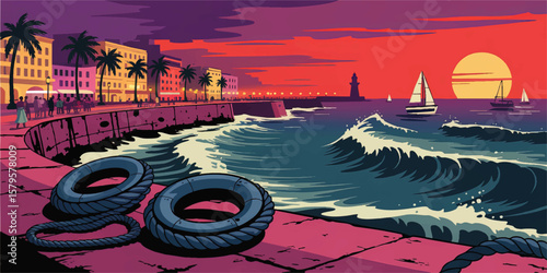 Vibrant Coastal Sunset Illustration with Palm Trees, Sailboats, Colorful Promenade, and Ocean Waves in Retro Comic Style