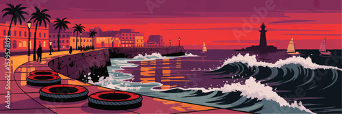 Vibrant Coastal Promenade Illustration at Sunset with Palm Trees, Lighthouse, Waves, and Sailboats – Urban Waterfront Artwork