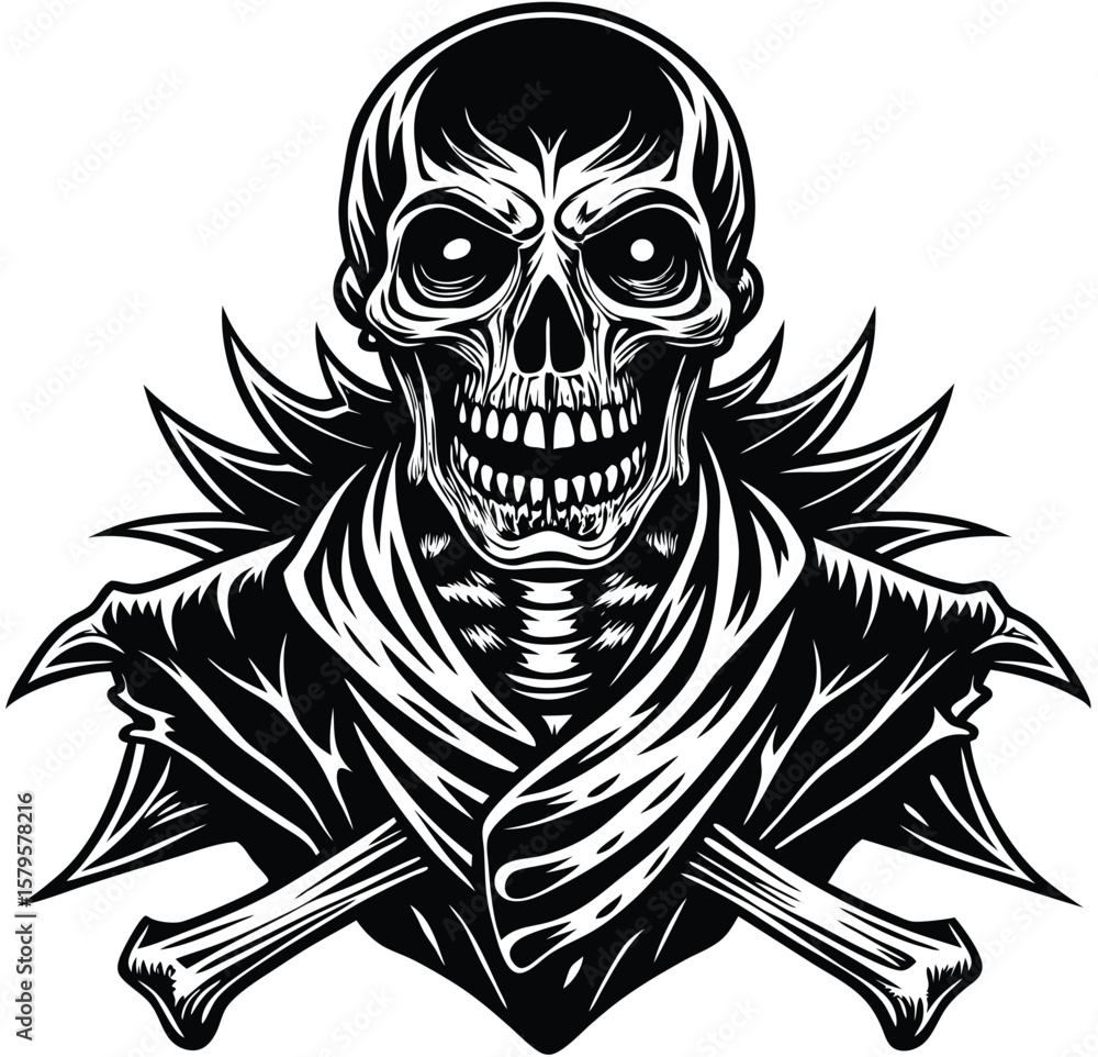 Fototapeta premium This vintage grunge vector illustration depicts skull and crossbones with floral accents, a gothic symbol of death perfect for tattoo design or Halloween art