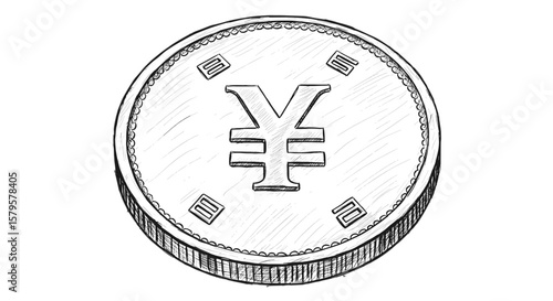 Yen Symbol On Coin - Vintage Ink Sketch. Black And White Illustration. Engraving Yen coin Vector SVG

