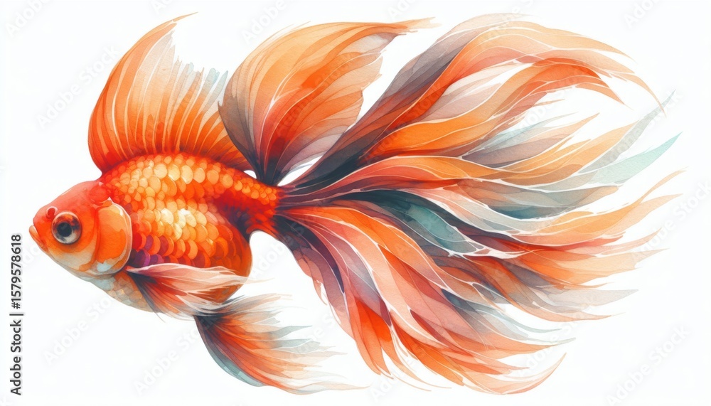 Fototapeta premium Watercolor Painting of an Orange Goldfish with Flowing Fins