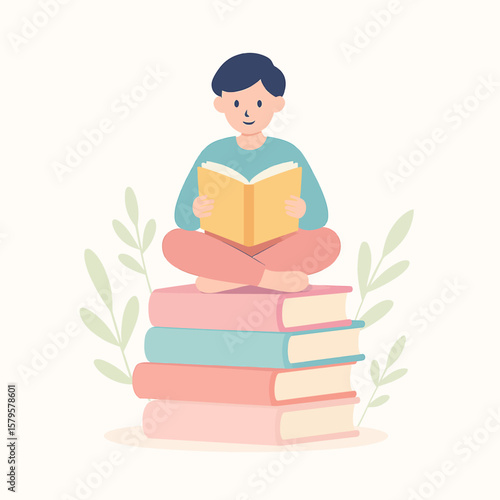 Boy Reading on Stacked Books with Plants